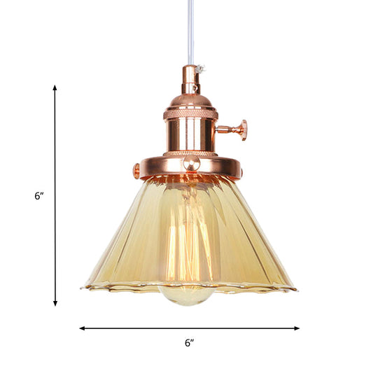 Height-Adjustable 1-Light Industrial Conic Pendant Lamp with Amber/Clear Glass for Coffee Shops - Available in Black, Bronze, and Brass