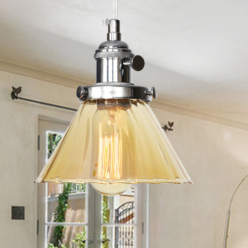 Height Adjustable Industrial Conic Hanging Lamp - Amber/Clear Glass 1-Light Pendant Lighting For