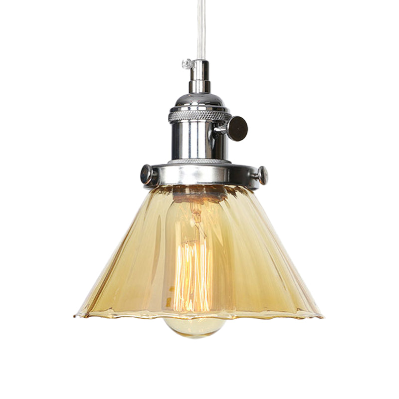 Height-Adjustable 1-Light Industrial Conic Pendant Lamp with Amber/Clear Glass for Coffee Shops - Available in Black, Bronze, and Brass