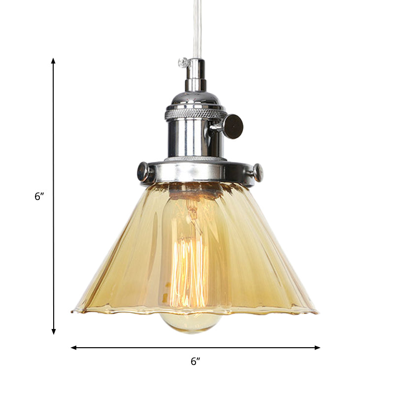 Height-Adjustable 1-Light Industrial Conic Pendant Lamp with Amber/Clear Glass for Coffee Shops - Available in Black, Bronze, and Brass