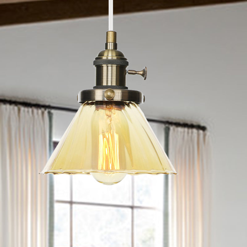 Height Adjustable Industrial Conic Hanging Lamp - Amber/Clear Glass 1-Light Pendant Lighting For