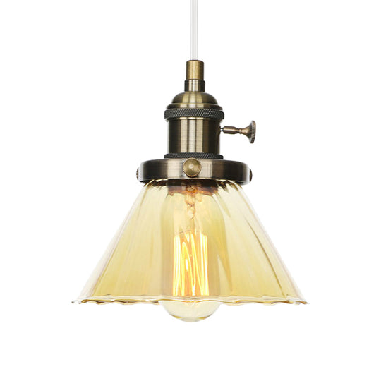 Height-Adjustable 1-Light Industrial Conic Pendant Lamp with Amber/Clear Glass for Coffee Shops - Available in Black, Bronze, and Brass