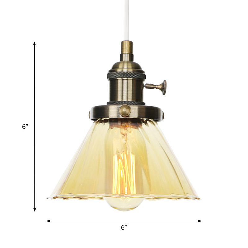 Height-Adjustable 1-Light Industrial Conic Pendant Lamp with Amber/Clear Glass for Coffee Shops - Available in Black, Bronze, and Brass