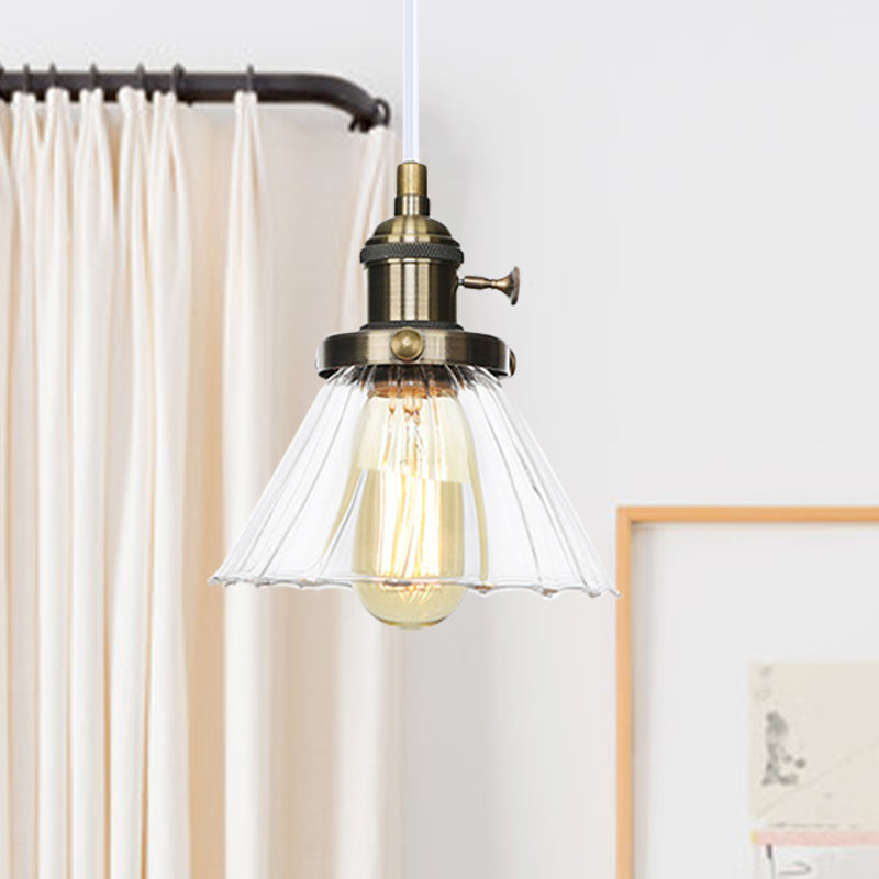 Height-Adjustable 1-Light Industrial Conic Pendant Lamp with Amber/Clear Glass for Coffee Shops - Available in Black, Bronze, and Brass