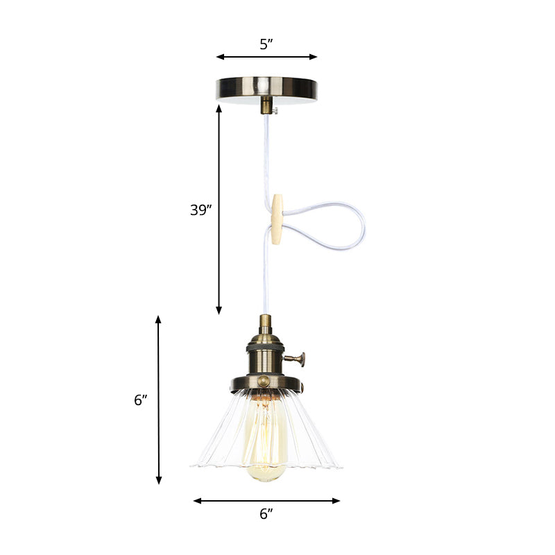 Height-Adjustable 1-Light Industrial Conic Pendant Lamp with Amber/Clear Glass for Coffee Shops - Available in Black, Bronze, and Brass