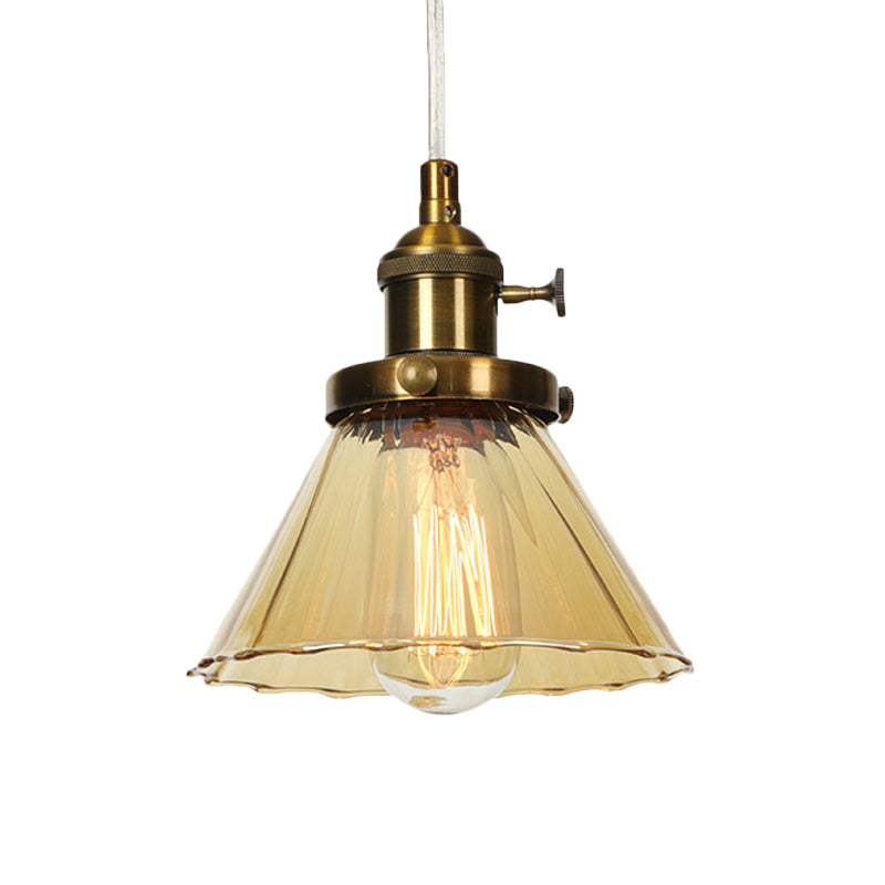 Height-Adjustable 1-Light Industrial Conic Pendant Lamp with Amber/Clear Glass for Coffee Shops - Available in Black, Bronze, and Brass