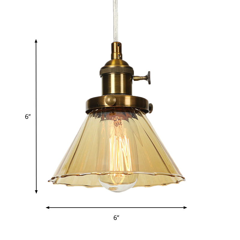 Height-Adjustable 1-Light Industrial Conic Pendant Lamp with Amber/Clear Glass for Coffee Shops - Available in Black, Bronze, and Brass