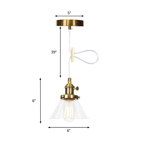 Height-Adjustable 1-Light Industrial Conic Pendant Lamp with Amber/Clear Glass for Coffee Shops - Available in Black, Bronze, and Brass