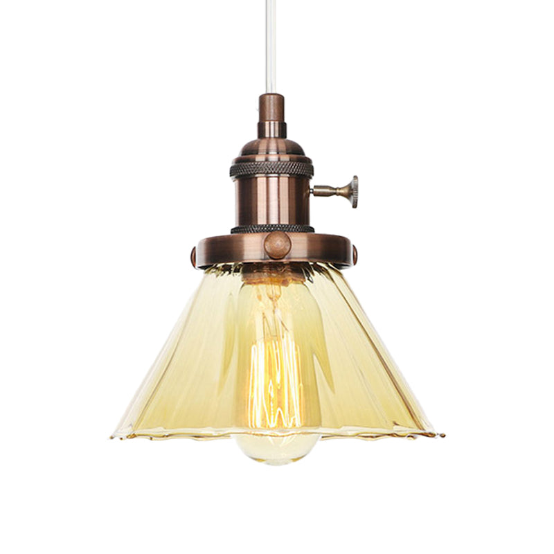 Height-Adjustable 1-Light Industrial Conic Pendant Lamp with Amber/Clear Glass for Coffee Shops - Available in Black, Bronze, and Brass