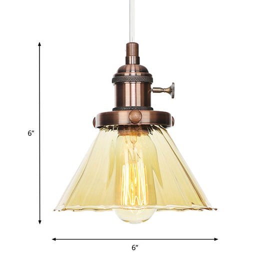 Height-Adjustable 1-Light Industrial Conic Pendant Lamp with Amber/Clear Glass for Coffee Shops - Available in Black, Bronze, and Brass