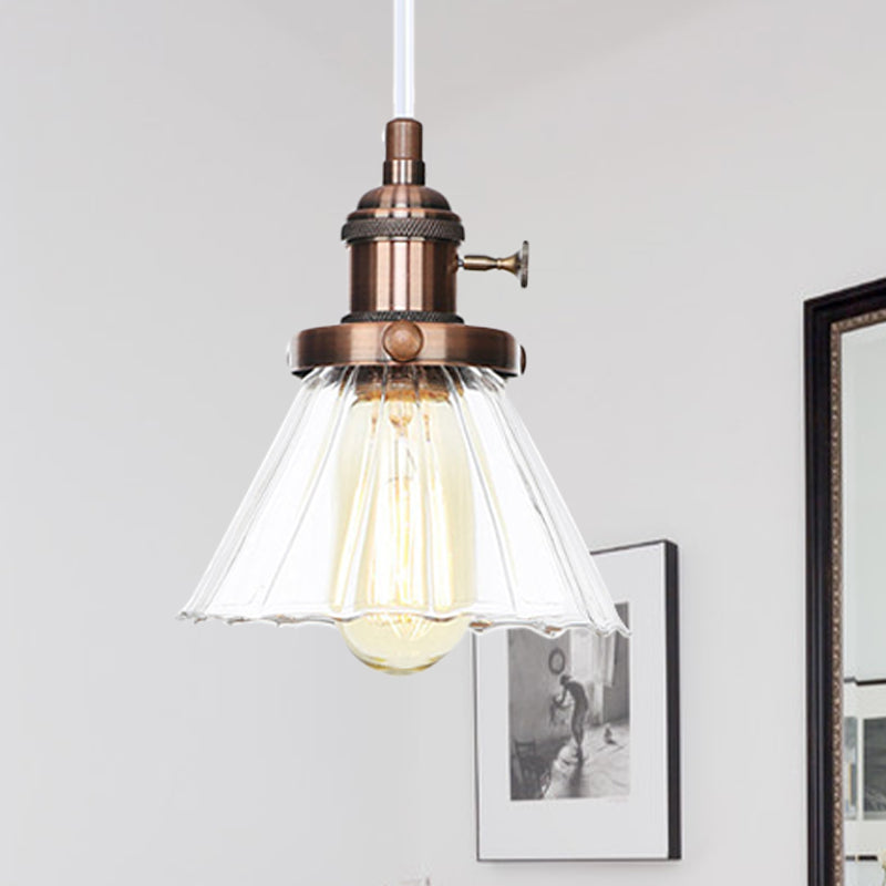 Height-Adjustable 1-Light Industrial Conic Pendant Lamp with Amber/Clear Glass for Coffee Shops - Available in Black, Bronze, and Brass