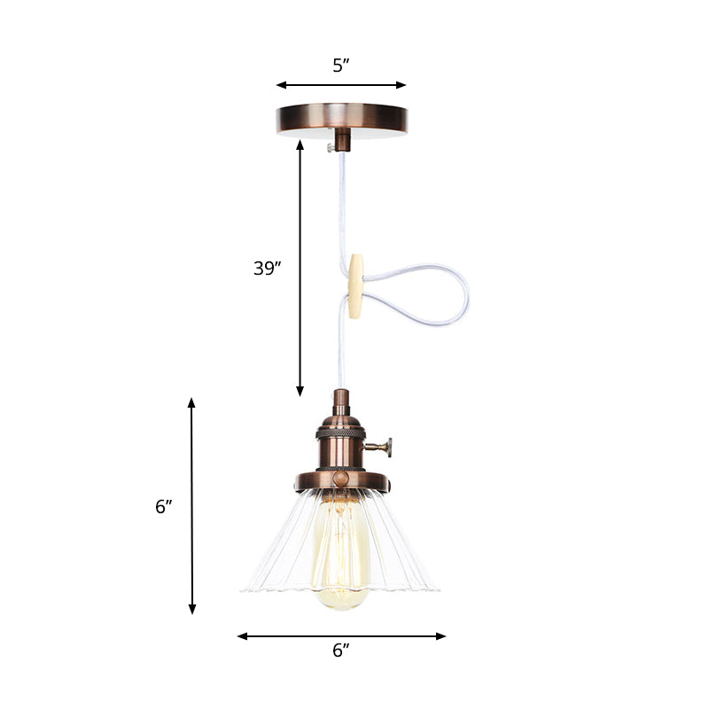 Height-Adjustable 1-Light Industrial Conic Pendant Lamp with Amber/Clear Glass for Coffee Shops - Available in Black, Bronze, and Brass