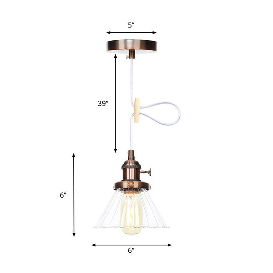 Height-Adjustable 1-Light Industrial Conic Pendant Lamp with Amber/Clear Glass for Coffee Shops - Available in Black, Bronze, and Brass