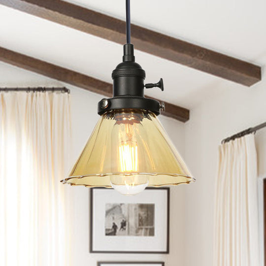 Height Adjustable Industrial Conic Hanging Lamp - Amber/Clear Glass 1-Light Pendant Lighting For