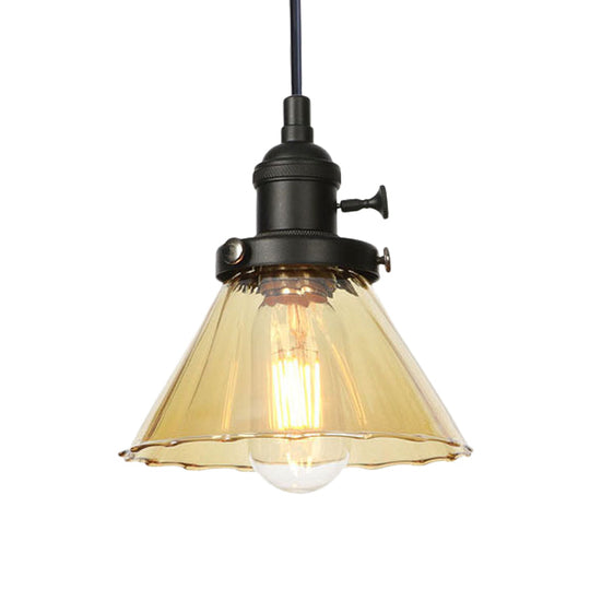 Height-Adjustable 1-Light Industrial Conic Pendant Lamp with Amber/Clear Glass for Coffee Shops - Available in Black, Bronze, and Brass