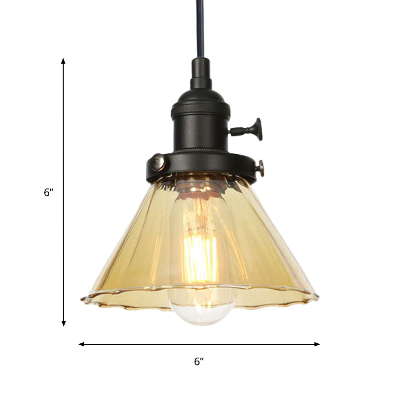 Height-Adjustable 1-Light Industrial Conic Pendant Lamp with Amber/Clear Glass for Coffee Shops - Available in Black, Bronze, and Brass