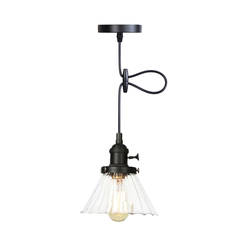 Height-Adjustable 1-Light Industrial Conic Pendant Lamp with Amber/Clear Glass for Coffee Shops - Available in Black, Bronze, and Brass