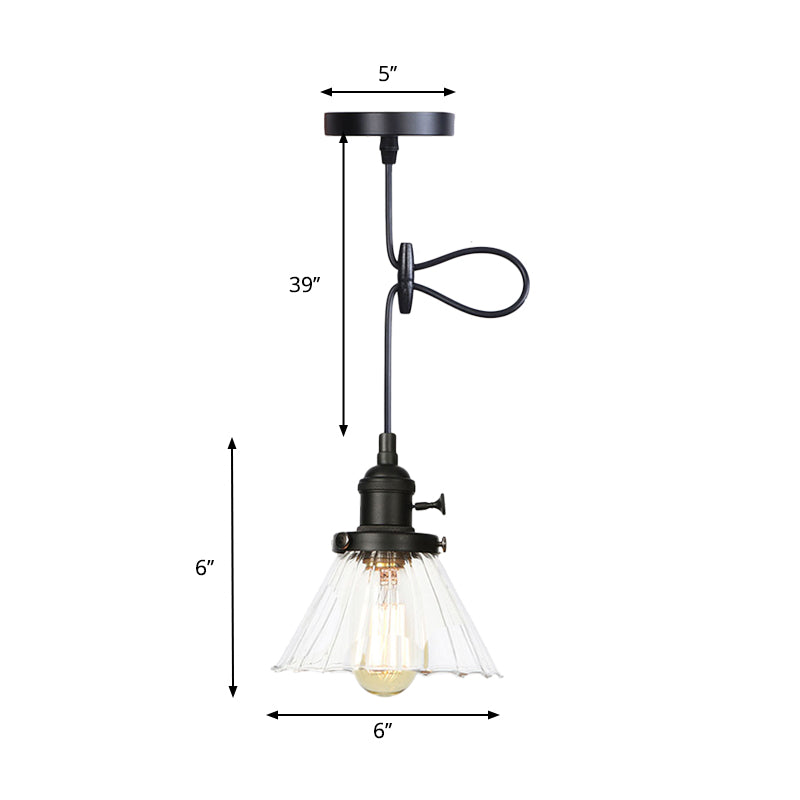 Height-Adjustable 1-Light Industrial Conic Pendant Lamp with Amber/Clear Glass for Coffee Shops - Available in Black, Bronze, and Brass