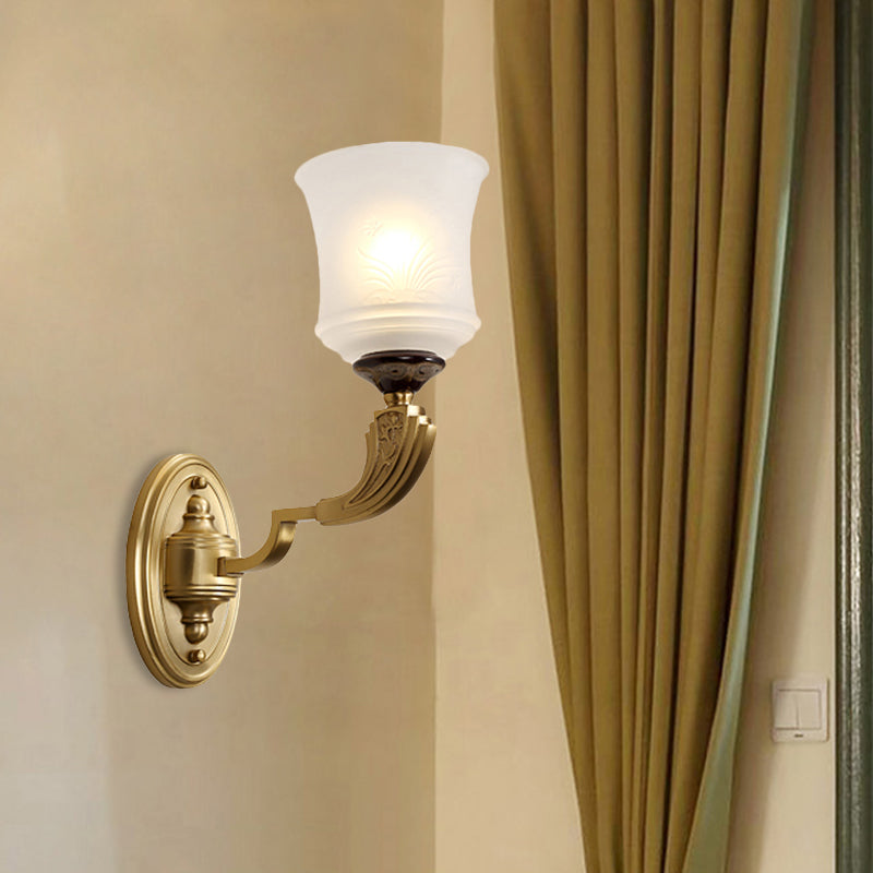 Lodge Style Bell Wall Sconce: 1/2-Light Opal Glass Fixture In Brass For Living Room