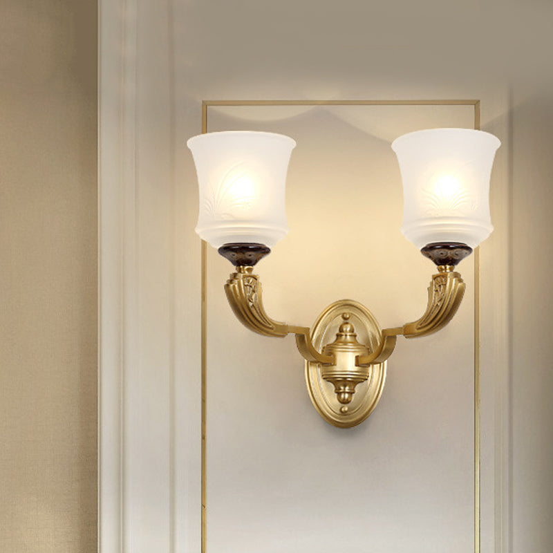 Lodge Style Bell Wall Sconce: 1/2-Light Opal Glass Fixture In Brass For Living Room 2 /