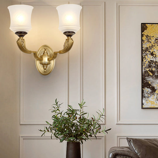 Lodge Style Bell Wall Sconce: 1/2-Light Opal Glass Fixture In Brass For Living Room