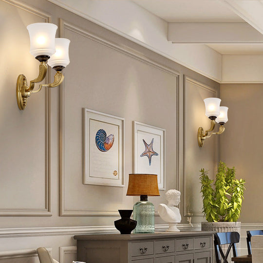 Lodge Style Bell Wall Sconce: 1/2-Light Opal Glass Fixture In Brass For Living Room