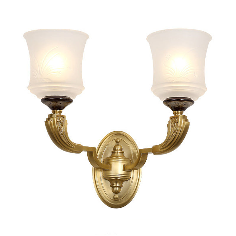 Lodge Style Bell Wall Sconce: 1/2-Light Opal Glass Fixture In Brass For Living Room