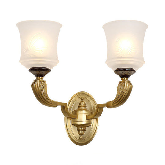 Lodge Style Bell Wall Sconce: 1/2-Light Opal Glass Fixture In Brass For Living Room