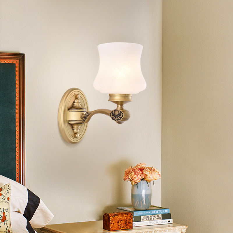 1/2-Head Vintage Brass Wall Mount Sconce Lamp With White Glass Bell Shade Retro Lighting For Living