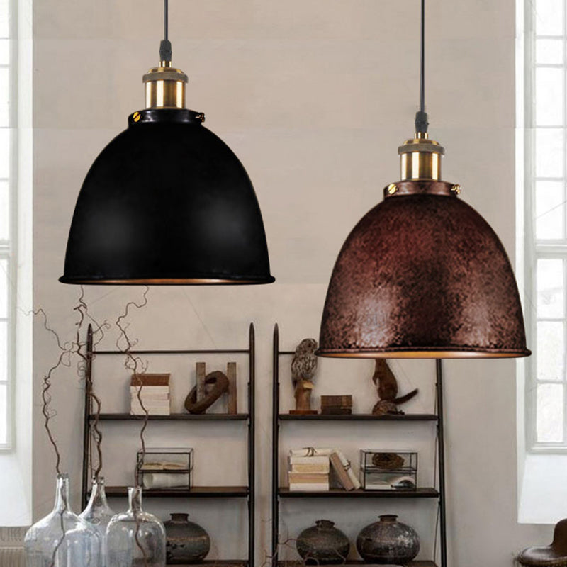 Lonie - Antique Antique Style Dome Pendant Lamp 1 Light Wrought Iron Hanging Light Fixture with Cord in Black/Rust