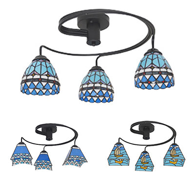 3-Light Mediterranean Stained Glass Semi-Flush Ceiling Fixture with Blue Shade for Dining Room