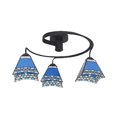 3-Light Mediterranean Stained Glass Semi-Flush Ceiling Fixture with Blue Shade for Dining Room