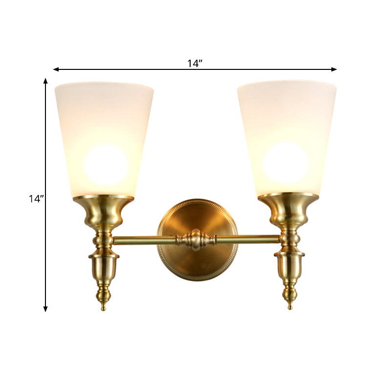 Vintage Style Frosted Glass Wall Mount Light In Brass With Conical Shape And 1/2-Head