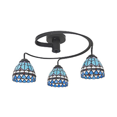 3-Light Mediterranean Stained Glass Semi-Flush Ceiling Fixture with Blue Shade for Dining Room