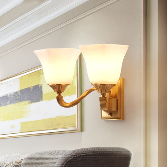 Modern Curved Brass Wall Lamp With Opal Glass Shade