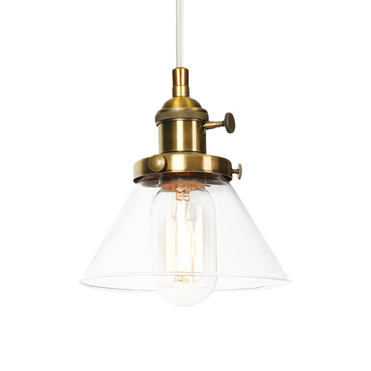 Vintage Style Conical Hanging Pendant Light with Amber/Clear Glass and Metal Head in Black/Bronze/Brass