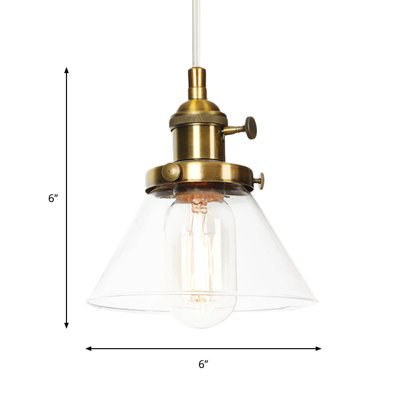 Vintage Style Conical Hanging Pendant Light with Amber/Clear Glass and Metal Head in Black/Bronze/Brass