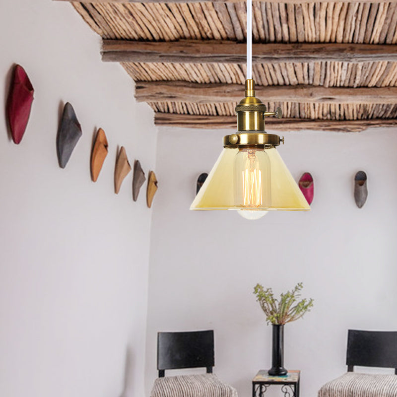 Vintage Style Conical Hanging Pendant Light with Amber/Clear Glass and Metal Head in Black/Bronze/Brass