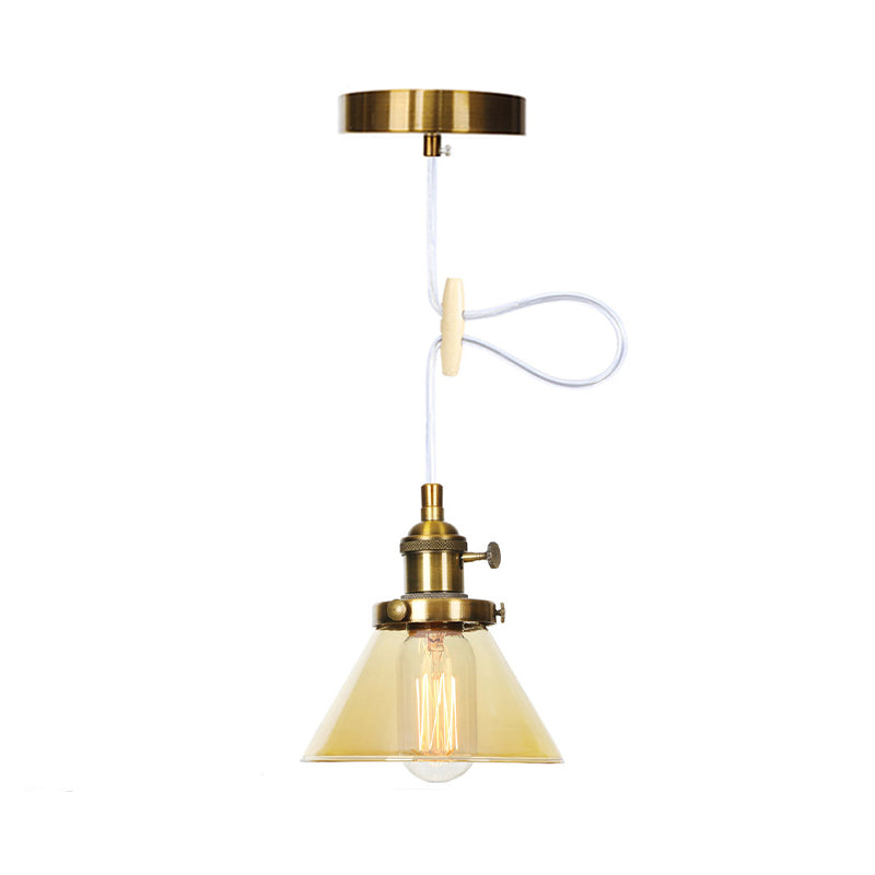 Vintage Style Conical Hanging Pendant Light Fixture - Amber/Clear Glass And Metal 1 Head Kitchen