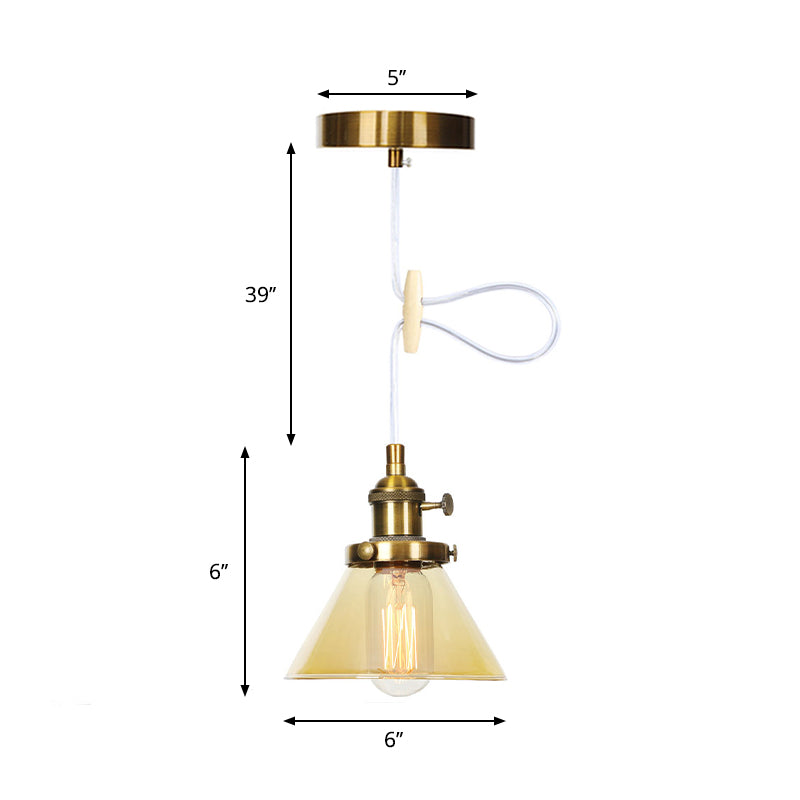 Vintage Style Conical Hanging Pendant Light Fixture - Amber/Clear Glass And Metal 1 Head Kitchen