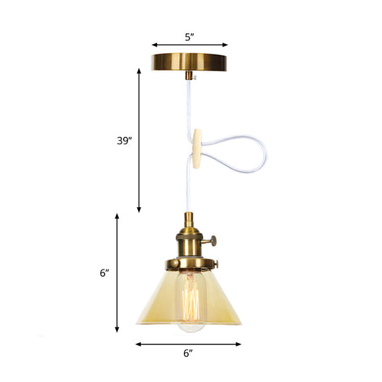 Vintage Style Conical Hanging Pendant Light Fixture - Amber/Clear Glass And Metal 1 Head Kitchen