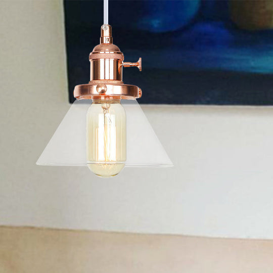 Vintage Style Conical Hanging Pendant Light Fixture - Amber/Clear Glass And Metal 1 Head Kitchen