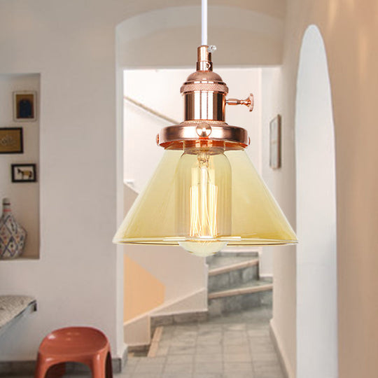 Vintage Style Conical Hanging Pendant Light Fixture - Amber/Clear Glass And Metal 1 Head Kitchen