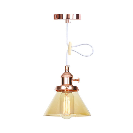 Vintage Style Conical Hanging Pendant Light Fixture - Amber/Clear Glass And Metal 1 Head Kitchen