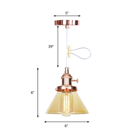 Vintage Style Conical Hanging Pendant Light Fixture - Amber/Clear Glass And Metal 1 Head Kitchen