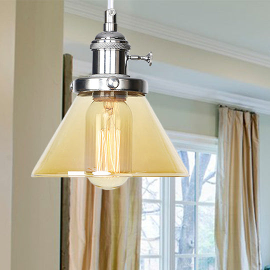 Vintage Style Conical Hanging Pendant Light Fixture - Amber/Clear Glass And Metal 1 Head Kitchen