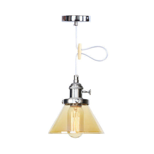 Vintage Style Conical Hanging Pendant Light Fixture - Amber/Clear Glass And Metal 1 Head Kitchen