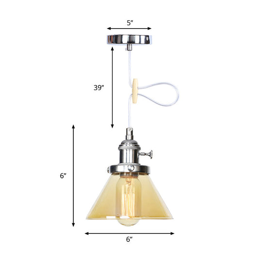 Vintage Style Conical Hanging Pendant Light Fixture - Amber/Clear Glass And Metal 1 Head Kitchen