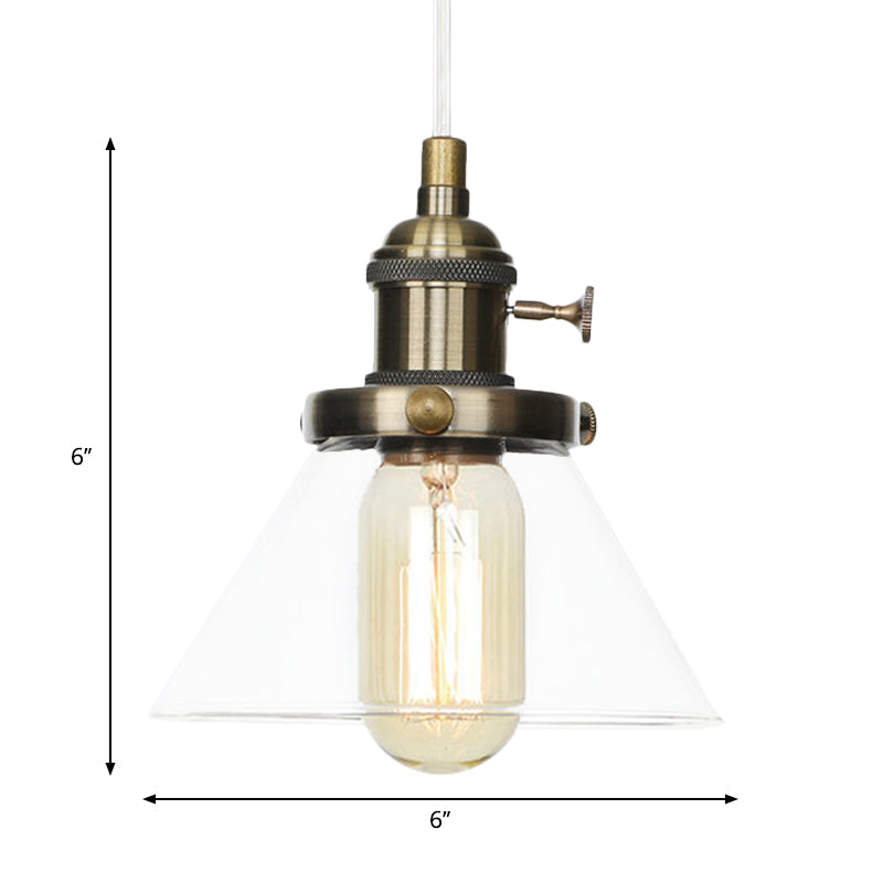 Vintage Style Conical Hanging Pendant Light with Amber/Clear Glass and Metal Head in Black/Bronze/Brass