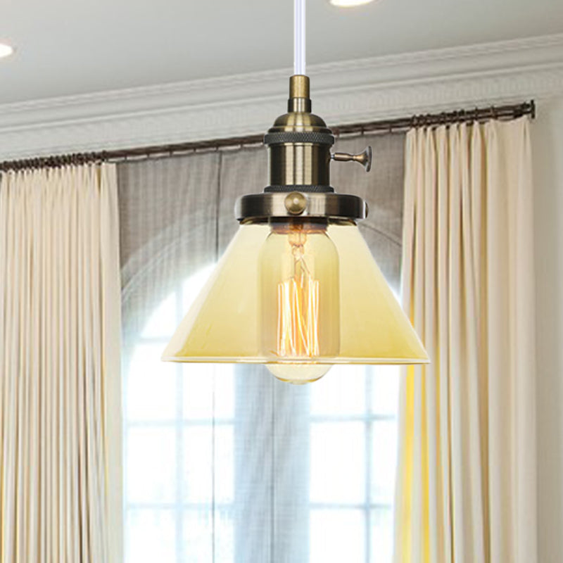 Vintage Style Conical Hanging Pendant Light Fixture - Amber/Clear Glass And Metal 1 Head Kitchen